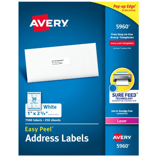 Picture of Avery Easy Peel White Laser Address Labels, 5960, 1in x 2 5/8in, Box Of 7,500