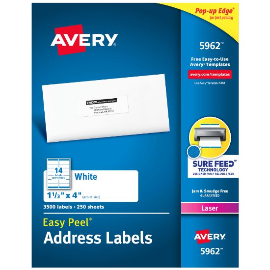 Picture of Avery Easy Peel Address Labels With Sure Feed Technology, 5962, Rectangle, 1-1/3in x 4in, White, Pack Of 3,500