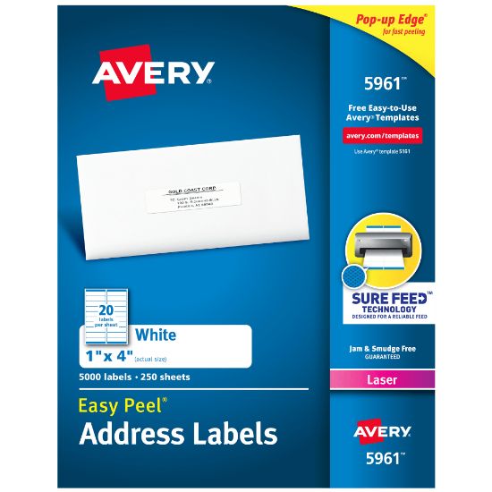 Picture of Avery Easy Peel Address Labels With Sure Feed Technology, 5961, Rectangle, 1in x 4in, White, Pack Of 5,000