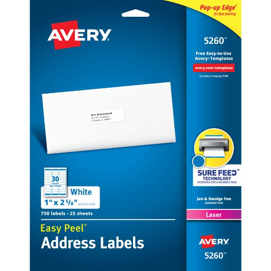 Picture of Avery Easy Peel Permanent Laser Address Labels, 1in x 2 5/8in, FSC Certified, White, Pack Of 750