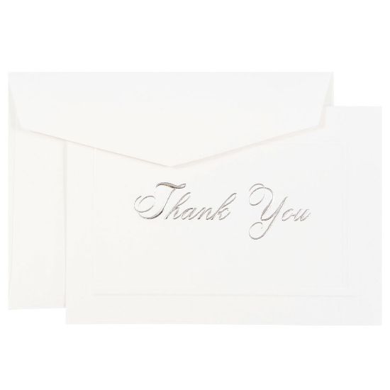 Picture of JAM Paper Thank You Card Set, 4 7/8in x 3 3/8in, 80 Lb, Bright White/Silver Script, Set Of 104 Cards And 100 Envelopes