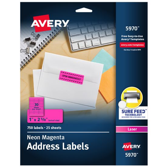 Picture of Avery High-Visibility Permanent Laser ID Labels, 5970, 1in x 2 5/8in, Neon Magenta, Pack Of 750