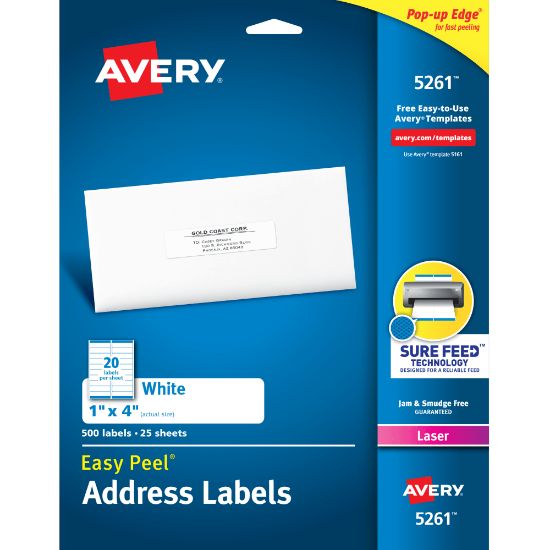 Picture of Avery Easy Peel Address Labels With Sure Feed Technology, 5261, Rectangle, 1in x 4in, White, Pack Of 500