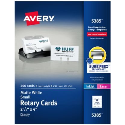 Picture of Avery Printable Rotary Cards With Sure Feed Technology, 2-1/6in x 4in, White, Pack Of 400 Blank Cards