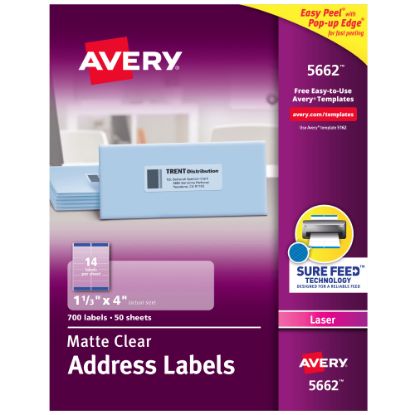 Picture of Avery Matte Address Labels With Sure Feed Technology, 5662, Rectangle, 1-1/3in x 4in, Clear, Pack Of 700 Labels