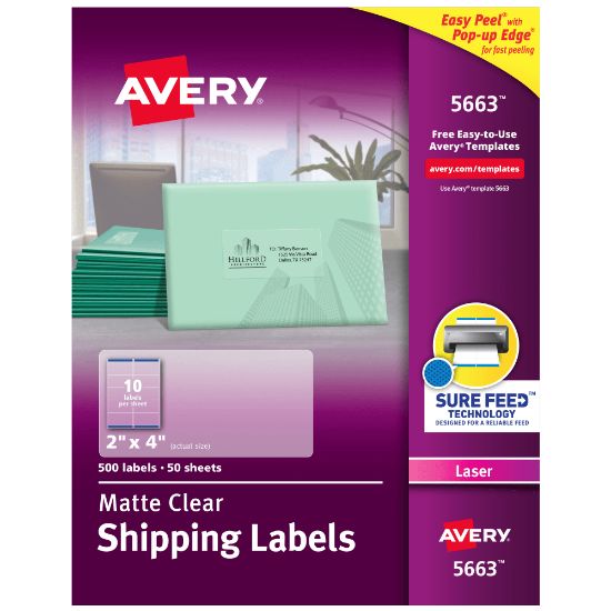 Picture of Avery Matte Shipping Labels With Sure Feed Technology, 5663, Rectangle, 2in x 4in, Clear, Pack Of 500