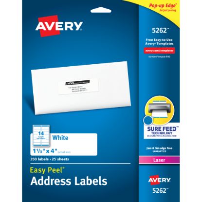 Picture of Avery Easy Peel Address Labels With Sure Feed Technology, 5262, Rectangle, 1-1/3in x 4in, White, Pack Of 350