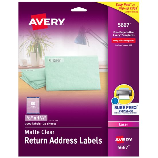 Picture of Avery Matte Return Address Labels With Sure Feed Technology, 5667, Rectangle, 1/2in x 1-3/4in, Clear, Pack Of 2,000