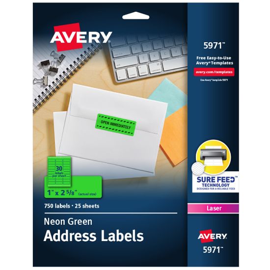 Picture of Avery High-Visibility Permanent Laser ID Labels, 5971, 1in x 2 5/8in, Neon Green, Pack Of 750