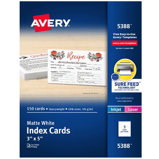 Picture of Avery Printable Index Cards With Sure Feed Technology, 3in x 5in, White, 150 Blank Index Cards