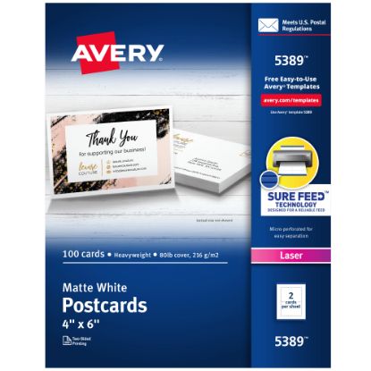 Picture of Avery Printable Postcards With Sure Feed Technology, 4in x 6in, White, 100 Blank Postcards