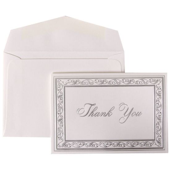 Picture of JAM Paper Thank You Card Set, 4 7/8in x 3 3/8in, 65 Lb, Bright White/Silver Border, Set Of 104 Cards And 100 Envelopes