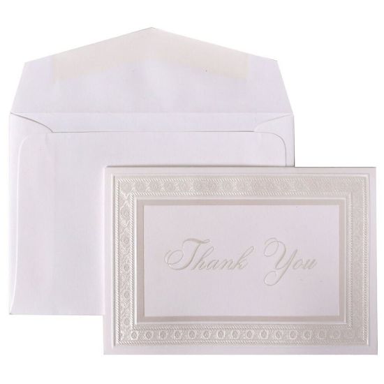 Picture of JAM Paper Thank You Card Set, 4 7/8in x 3 3/8in, 65 Lb, Bright White/Pearl Border, Set Of 104 Cards And 100 Envelopes