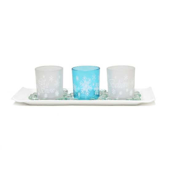 Picture of Elegant Designs Winter Wonderland Candle Holder Set, 3-1/2in x 5in x 14in, Blue Frost, Set Of 3 Holders