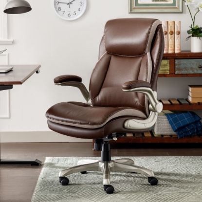 Picture of Serta Smart Layers Brinkley Ergonomic Bonded Leather High-Back Executive Office Chair, Brown/Silver