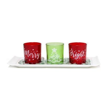 Picture of Elegant Designs Merry & Bright Christmas Candle Holder Set, 3-1/2in x 5in x 14in, Green/Red, Set Of 3 Holders