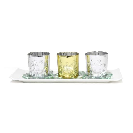 Picture of Elegant Designs Winter Wonderland Candle Holder Set, 3-1/2in x 5in x 14in, Silver/Gold, Set Of 3 Holders