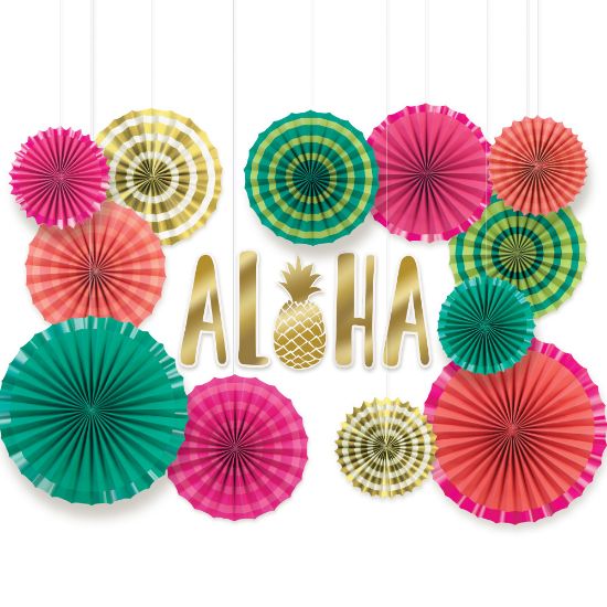 Picture of Amscan Summer Luau Aloha Deluxe Paper Fan Decorating Kit, Set Of 22 Pieces