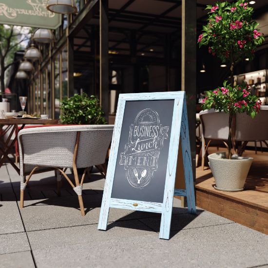 Picture of Flash Furniture Canterbury Vintage Wooden A-Frame Magnetic Indoor/Outdoor Chalkboard Sign, Porcelain Steel, 40in x 20in, Robin Blue Frame