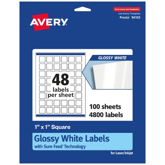 Picture of Avery Glossy Permanent Labels With Sure Feed, 94103-WGP100, Square, 1in x 1in, White, Pack Of 4,800