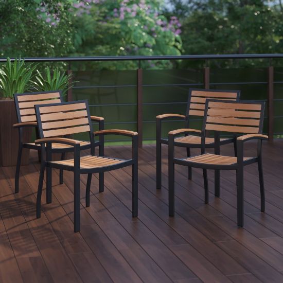 Picture of Flash Furniture Lark Outdoor Stackable Faux Teak Side Chairs, Teak/Black, Set Of 4 Chairs