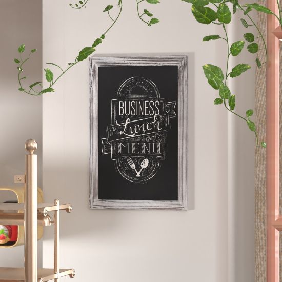 Picture of Flash Furniture Canterbury Wall-Mounted Magnetic Chalkboard Sign With Eraser, Porcelain Steel, 30inH x 20inW x 3/4inD, White Washed Frame