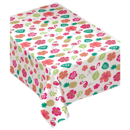 Picture of Amscan Flannel-Backed Table Cover, 52in x 90in, Summer Luau Aloha