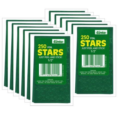 Picture of Eureka Presto-Stick Foil Star Stickers, 1/2in, Green, 250 Stickers Per Pack, Set Of 12 Packs