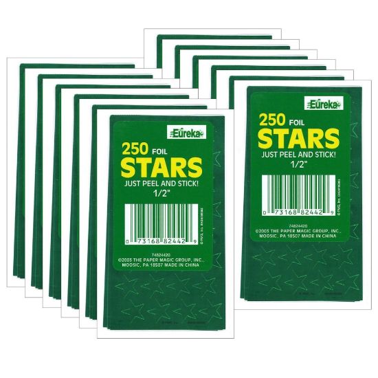 Picture of Eureka Presto-Stick Foil Star Stickers, 1/2in, Green, 250 Stickers Per Pack, Set Of 12 Packs