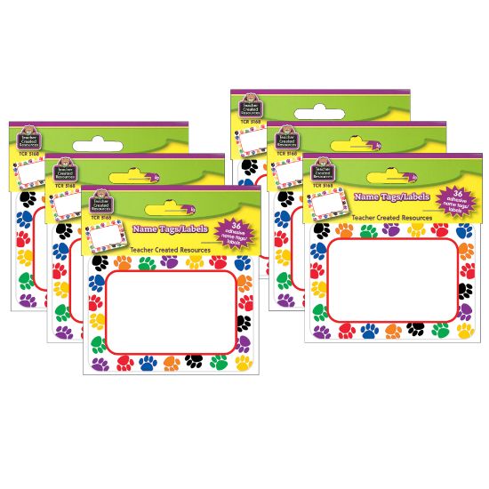 Picture of Teacher Created Materials Name Tags, Colorful Paw Prints, 2-1/2inH x 3-1/2inW, 36 Name Tags Per Pack, Set Of 6 Packs