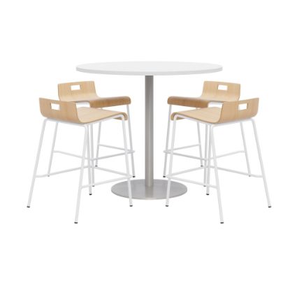 Picture of KFI Studios Proof Round High Bistro Table With 4 Low Back Stools, White/Silver Table, Natural/White Chairs