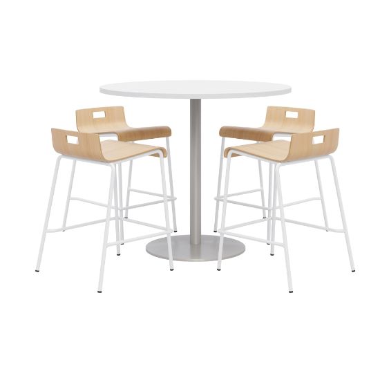 Picture of KFI Studios Proof Round High Bistro Table With 4 Low Back Stools, White/Silver Table, Natural/White Chairs