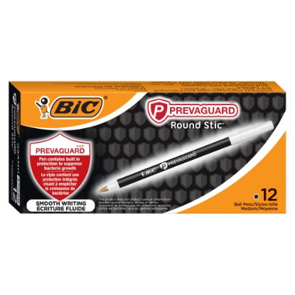 Picture of BIC Prevaguard Round Stic Pens With Antimicrobial Additive, Medium Point, 1.0 mm, Black Barrel, Black Ink, Set Of 12 Pens