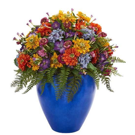 Picture of Nearly Natural Mixed 24inH Artificial Giant Floral Arrangement With Blue Vase, 24inH x 22inW x 22inD, Multicolor