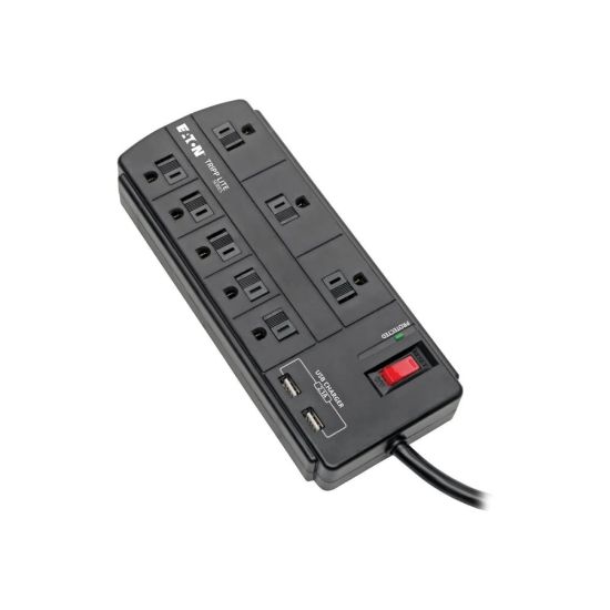 Picture of Eaton Tripp Lite Series 8-Outlet Surge Protector Power Strip with 2 USB Ports (2.1A Shared) - 8 ft. Cord, 1200 Joules, Black - Surge protector - 15 A - AC 120 V - 1875 Watt - output connectors: 8 - 8 ft cord - black