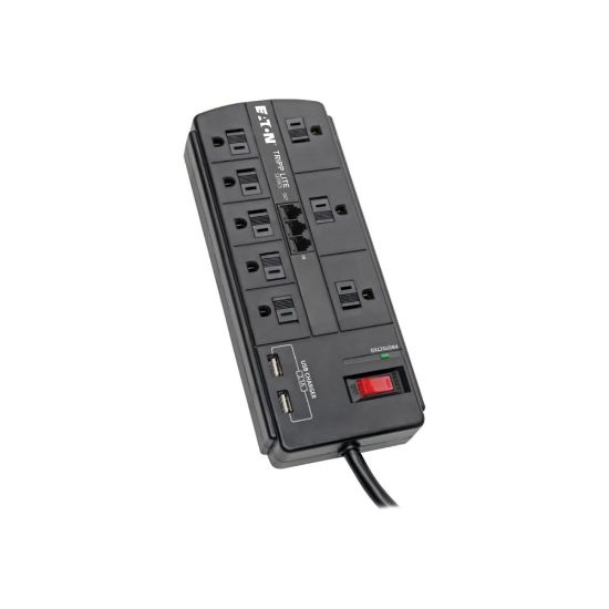 Picture of Eaton Tripp Lite Series 8-Outlet Surge Protector Power Strip with 2 USB Ports (2.1A Shared) - 8 ft. Cord, 1200 Joules, Tel/Modem, Black - Surge protector - 15 A - AC 120 V - 1875 Watt - output connectors: 10 - 8 ft cord - black