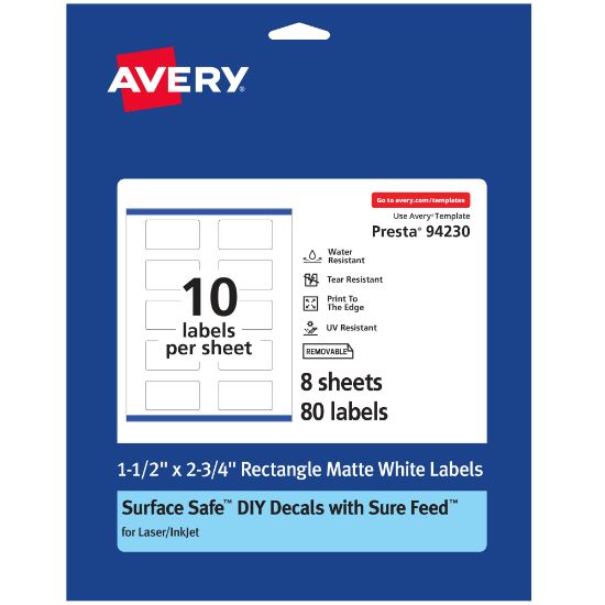 Picture of Avery Durable Removable Labels With Sure Feed, 94230-DRF8, Rectangle, 1-1/2in x 2-3/4in, White, Pack Of 80