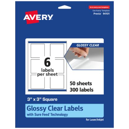 Picture of Avery Glossy Permanent Labels With Sure Feed, 94101-CGF50, Square, 3in x 3in, Clear, Pack Of 300