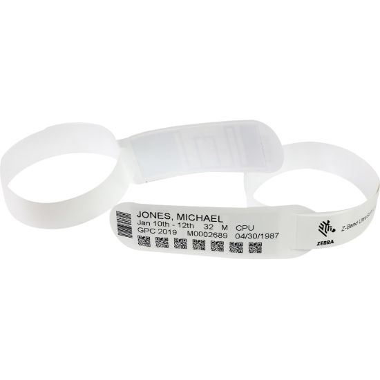 Picture of Zebra Z-Band UltraSoft Wristband Cartridge Kit (White) - 1in Width x 6in Length - Permanent Adhesive - Direct Thermal - White - Polypropylene - 300 / Roll - 6 / Roll - Latex-free, Flexible, Tamper Evident, Adhesive Closure, Scannable, Perforated