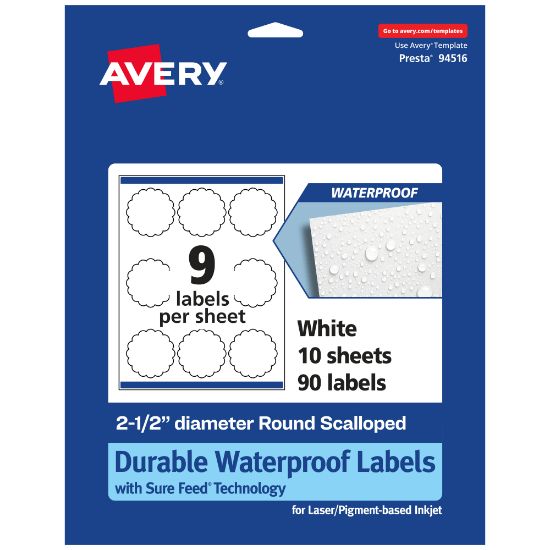 Picture of Avery Waterproof Permanent Labels With Sure Feed, 94516-WMF10, Round Scalloped, 2-1/2in Diameter, White, Pack Of 90