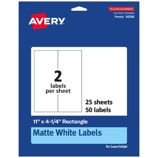 Picture of Avery Permanent Labels, 94266-WMP25, Rectangle, 11in x 4-1/4in, White, Pack Of 50