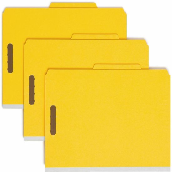 Picture of Smead Pressboard Colored Classification Folders, 2 Fasteners, 2 Dividers, Letter Size, 2in Expansion, 2/5 Tab Cut, 100% Recycled, Yellow, Box Of 10