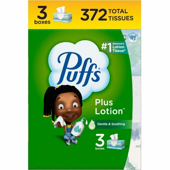 Picture of Puffs Plus Lotion 2-Ply Facial Tissue, White, 124 Tissues Per Box, Pack Of 3 Boxes