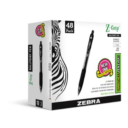 Picture of Zebra Pen Z-Grip Retractable Ballpoint Pens, Pack Of 48, Medium Point, 1.0 mm, Clear Barrel, Black Ink