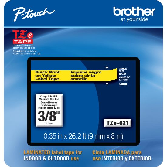 Picture of Brother TZE621CS Genuine P-Touch Laminated Label Tape, 3/8in x 26-1/4ft, Yellow/Black