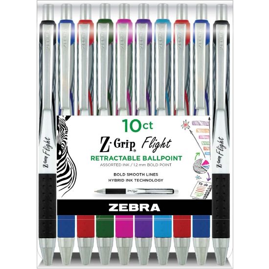 Picture of Zebra Pen Z-Grip Flight Retractable Pens - Bold Pen Point - 1.2 mm Pen Point Size - Retractable - Multi Gel-based Ink - Assorted Plastic Barrel - 10 / Pack