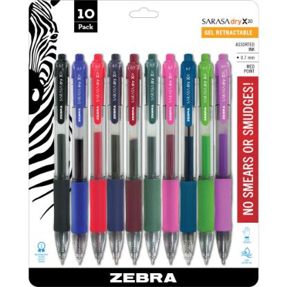 Picture of Zebra Pen SARASA Retractable Gel Pens, Pack Of 10, Medium Point, 0.7 mm, Clear Barrel, Assorted Ink Colors