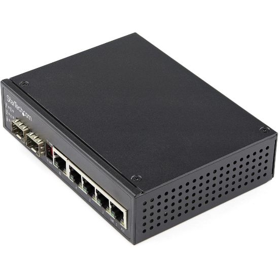 Picture of StarTech.com Industrial 5 Port Gigabit Ethernet Switch 5 PoE RJ45 +2 SFP Slots 30W PoE+ 48VDC 10/100/1000 Mbps -40C to 75C w/DIN Connector - Industrial 5 Port Gigabit Ethernet Switch - Up to 30W per 4 PoE ports