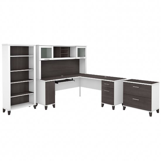 Picture of Bush Furniture Somerset 72inW L-Shaped Desk With Hutch, Lateral File Cabinet And Bookcase, Storm Gray/White, Standard Delivery