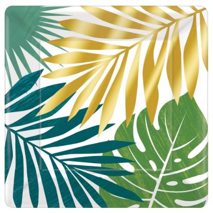 Picture of Amscan Key West Palm Leaf Square Metallic Paper Dinner Plates, 10in x 10in, Green, 8 Plates Per Pack, Set Of 3 Packs